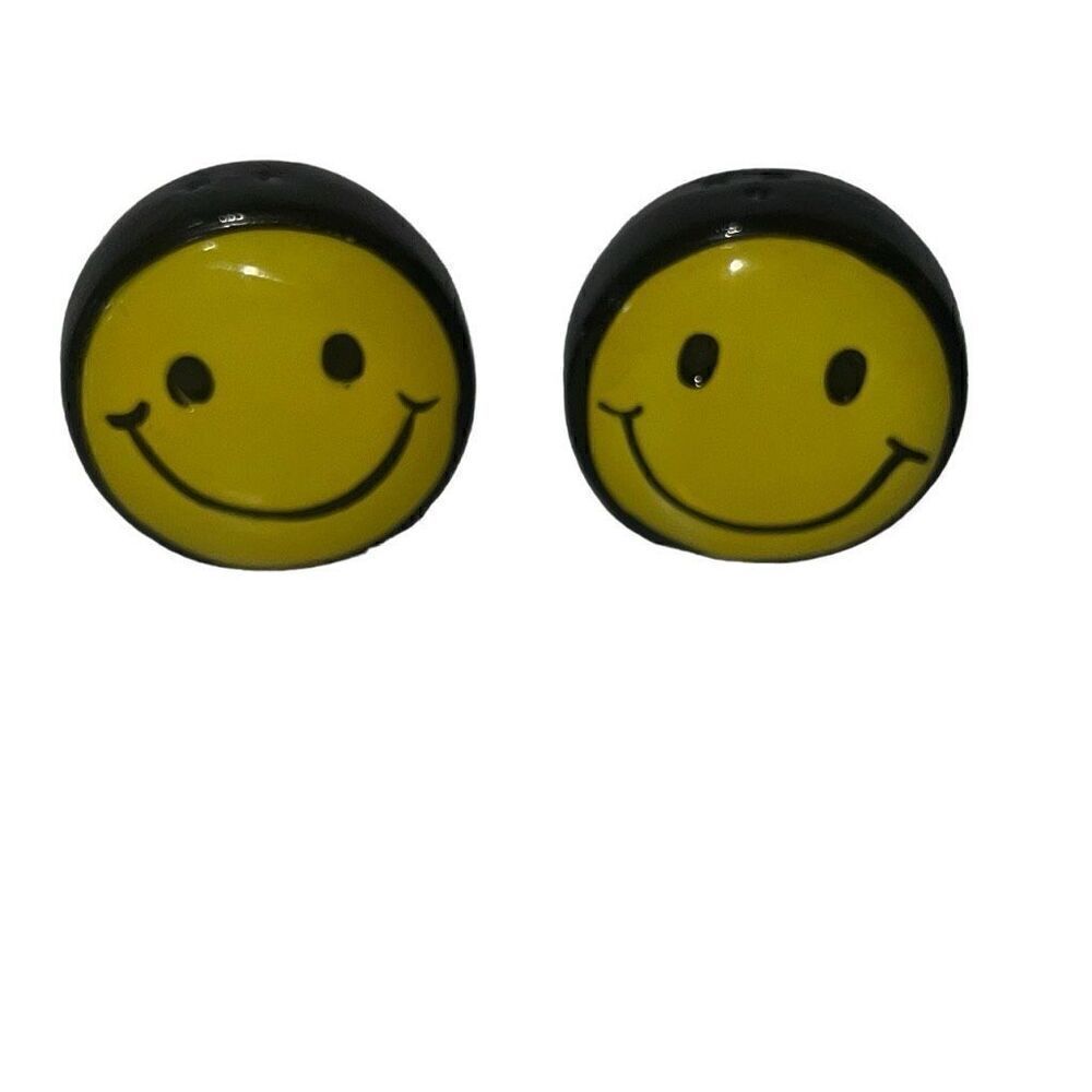 Happy Face Salt & Pepper Shakers Yellow Black Smile 2.25” Hippy READ Kitsch